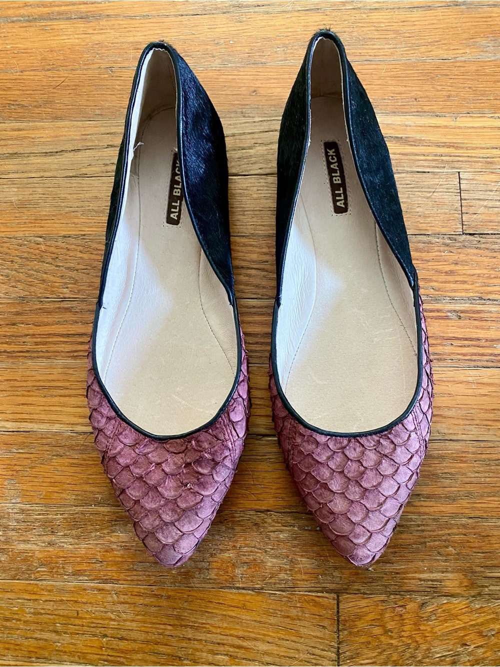 ALL BLACK Women’s Two-Tone Pointed Flats in Mauve and Black